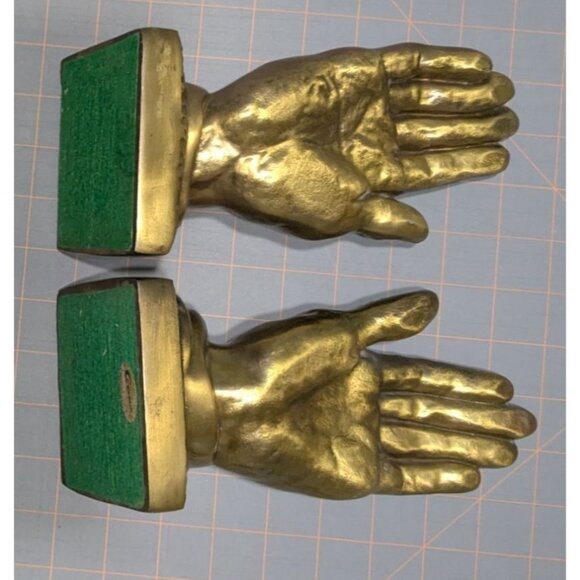 Praying Hands Brass Bookends By Gossa 8" Tall Pair Vintage Home Office Decor - Picture 14 of 15